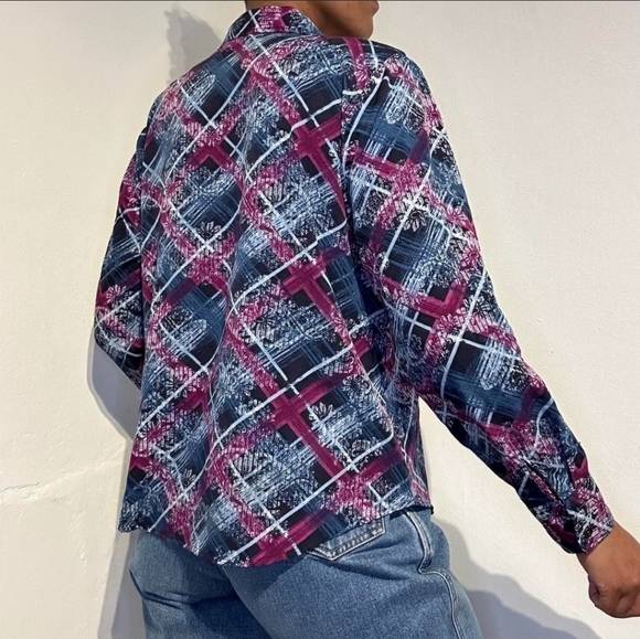 Pappagallo Vintage Abstract Tartan Print Long Sleeve Floral Button Down Shirt - Picture 15 of 16